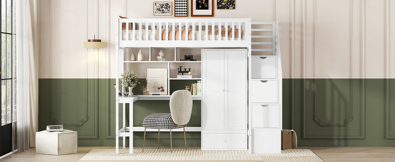 Twin size Loft Bed with Bookshelf,Drawers,Desk,and Wardrobe-White