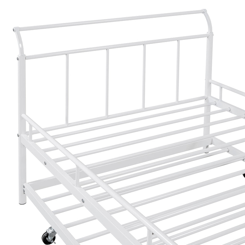 Twin Size Metal Daybed with Curved Handle Design and Twin Size Trundle, White