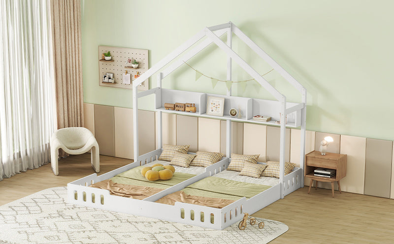 Wood Twin Size House Platform Beds,Two Shared Beds with Shelves and Guardrail, Creamy White