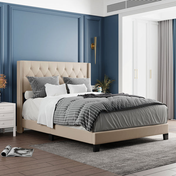 Upholstered Platform Bed with Classic Headboard, Box Spring Needed, Beige Linen Fabric, Queen Size