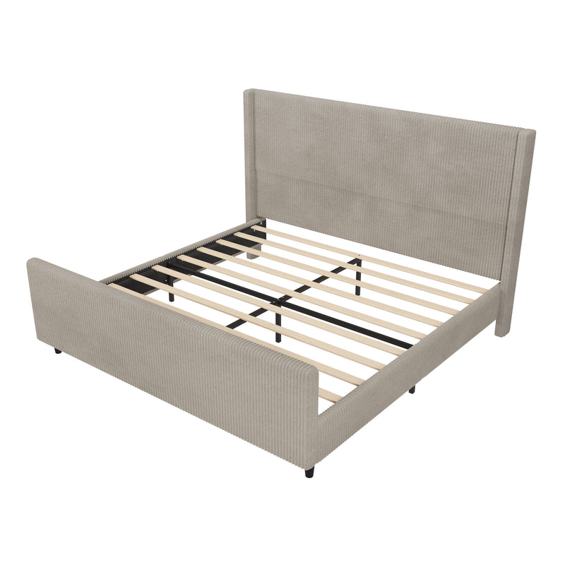 Corduroy Upholstered Bed Frame With Vertical Stripe Wingback And High Footboard No Box Spring Needed