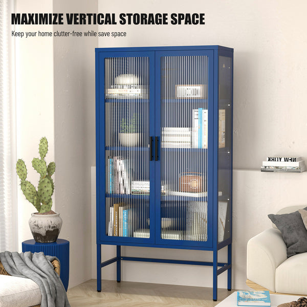 Double Glass Door Storage Cabinet with Adjustable Shelves and Feet Cold-Rolled Steel Sideboard Furniture for Living Room Kitchen BLUE