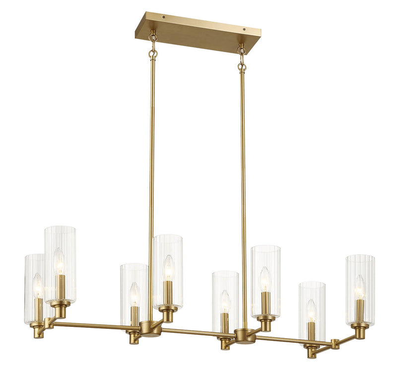 Willow - 8 Lights Island With Clear Ribbed Pendant Lamp Satin - Antique Brass / Clear / Gold