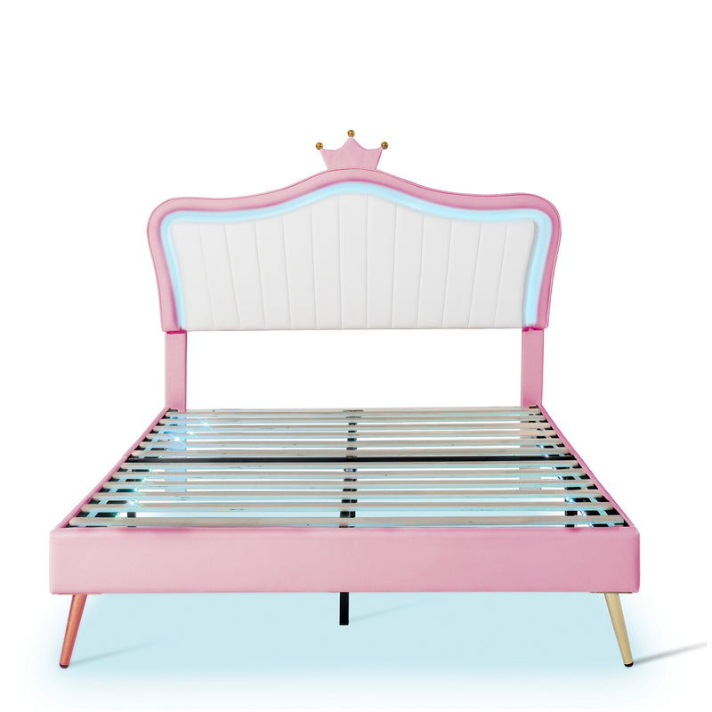 Queen Size Upholstered Bed Frame with LED Lights,Modern Upholstered Princess Bed With Crown Headboard,White+Pink