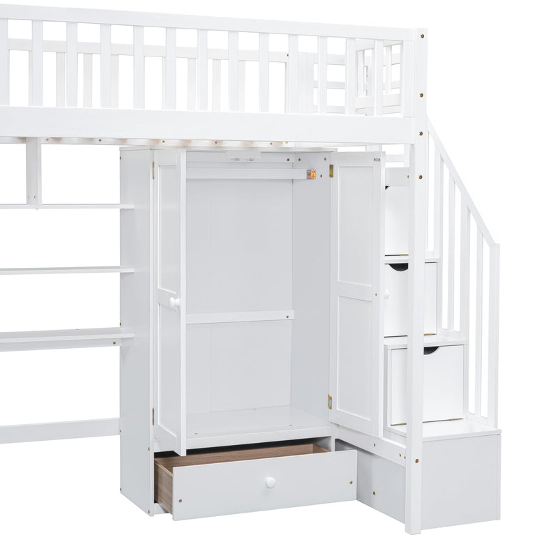 Twin size Loft Bed with Bookshelf,Drawers,Desk,and Wardrobe-White