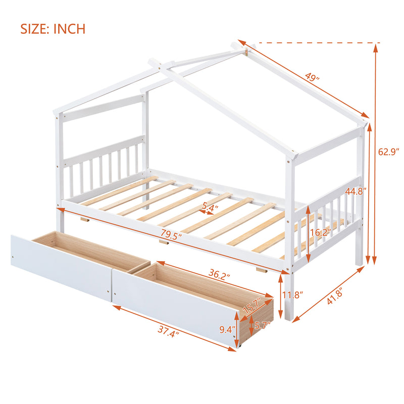 Twin Size Wooden House Bed with Drawers, White