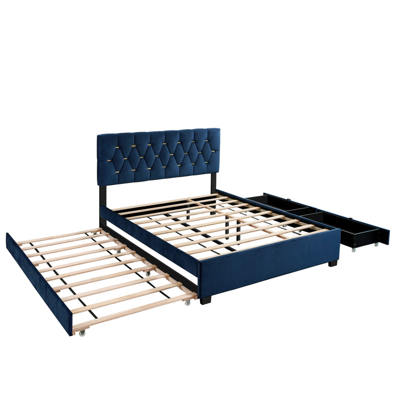 BLUE QUEEN SIZE TRUNDLE PULL OUT DRAWERS STORAGE UPHOLSTERED BED MODERN  DESIGN NO BOX SPRING REQUIRED