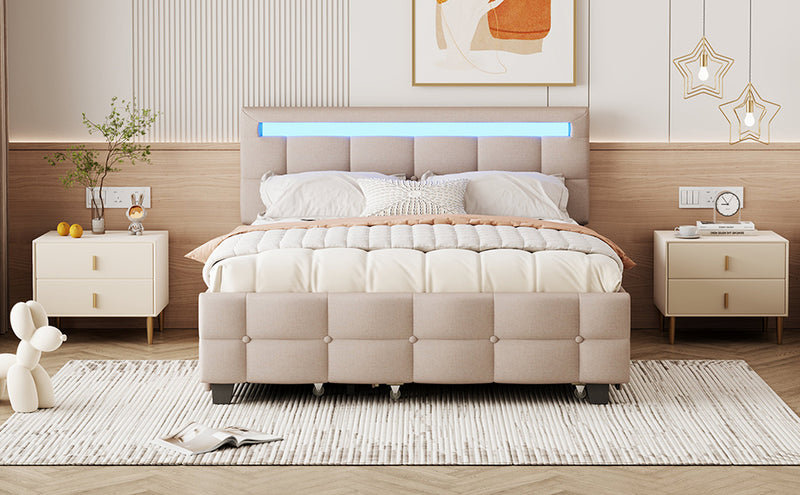 Queen Size Upholstered Platform Bed with LED Frame, with Twin XL Size Trundle and 2 drawers, Linen Fabric, Beige