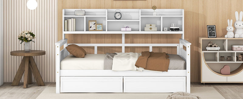 Daybed, Wood Slat Support, With Bedside Shelves And Two Drawers