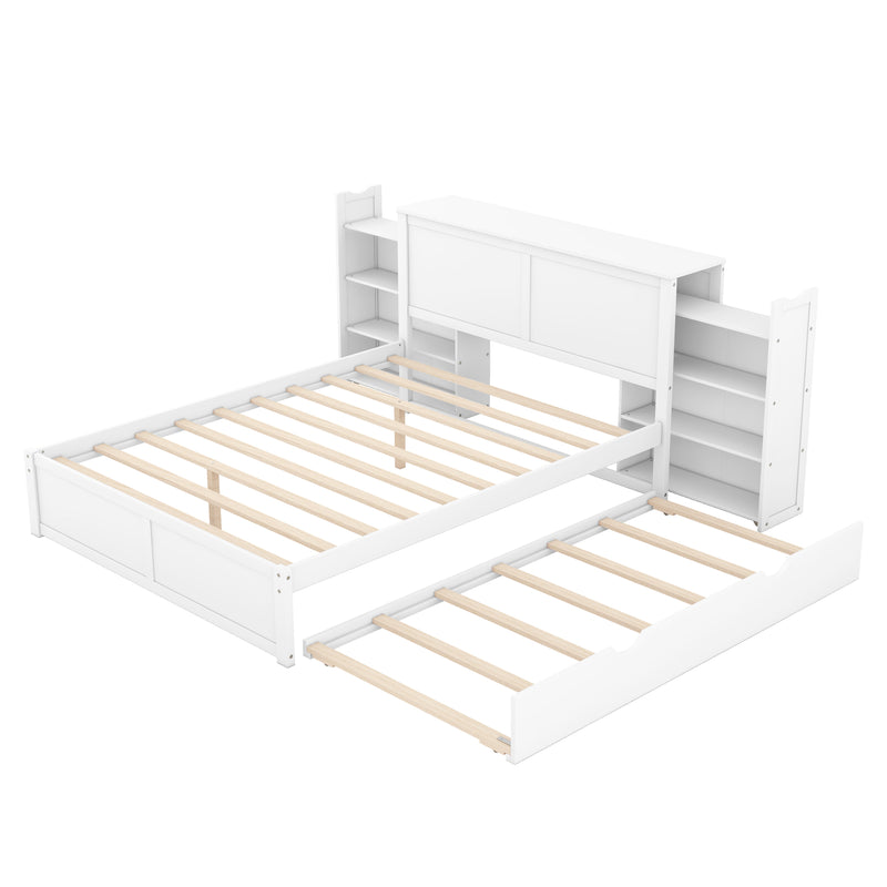 Queen Size Storage Platform Bed with Pull Out Shelves and Twin  XL Size Trundle, White