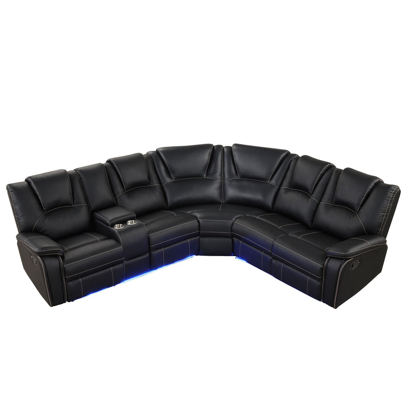 Modern Faux Leather Manual Reclining With Center Console With LED Light Strip, Living Room Furniture Set, PU Symmetrical Couch With 2 Cup Holders And Storage For Living Room