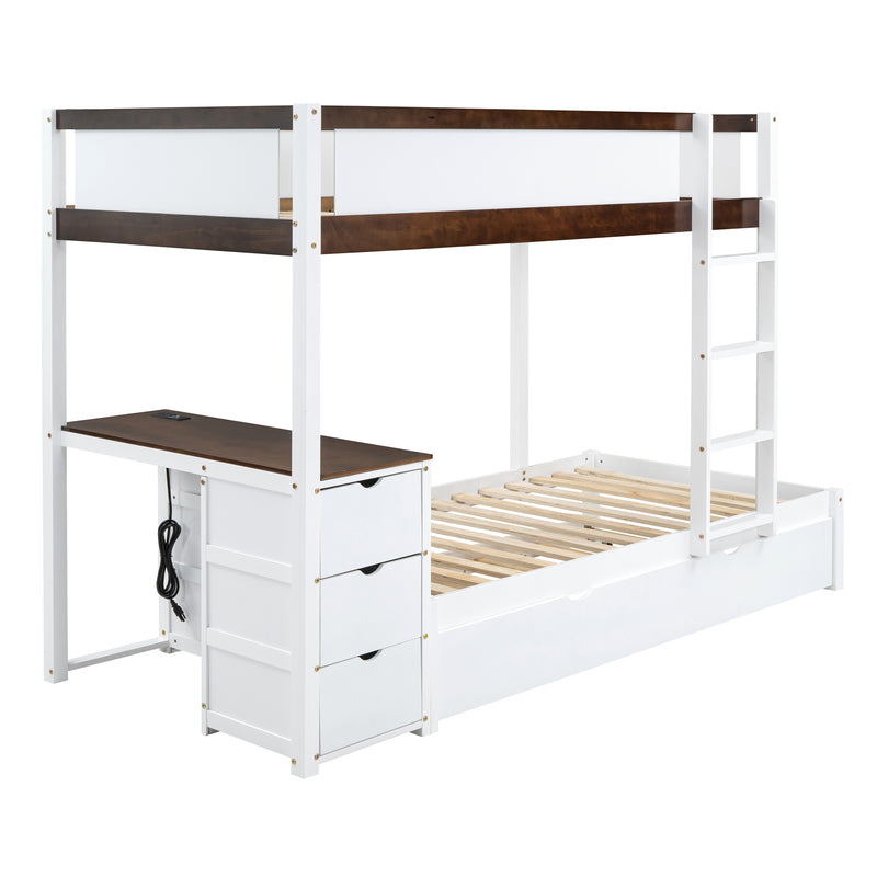 Twin-Over-Twin Bunk Bed with Twin size Trundle, Storage and Desk, White+Walnut