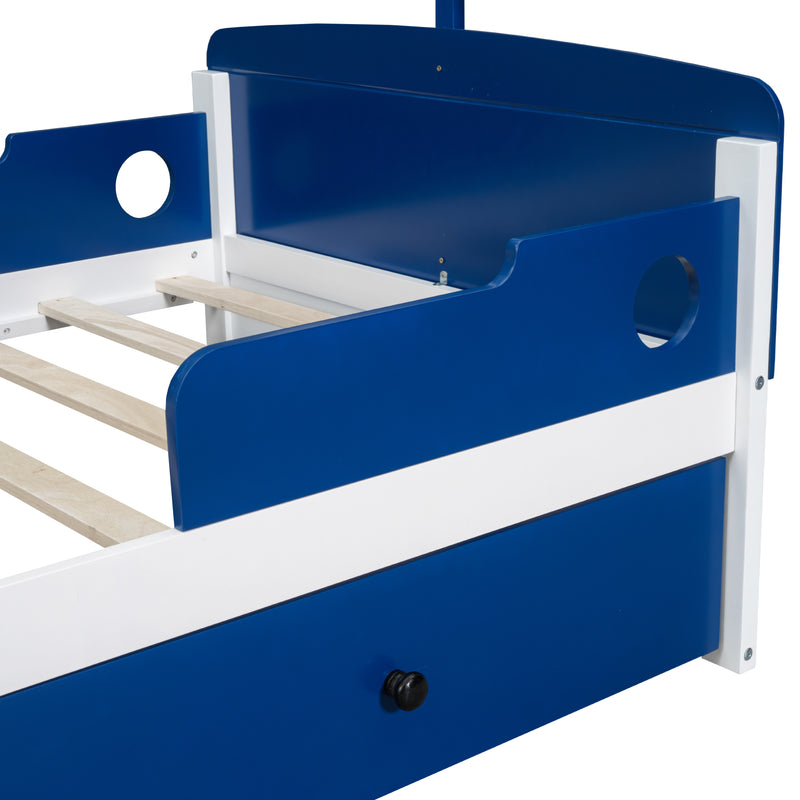 Twin Size Boat-Shaped Platform Bed with 2 Drawers ,Twin Bed with Storage for Bedroom,Blue