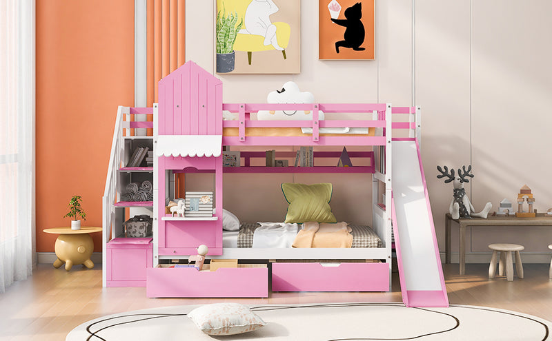 Twin-Over-Twin Castle Style Bunk Bed with 2 Drawers 3 Shelves and Slide - Pink