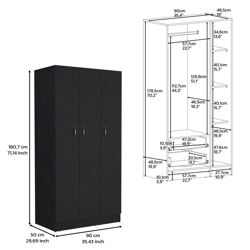 Wardrobe Armoire With 3 Doors And 2 Inner Drawers, 3 Doors - Black