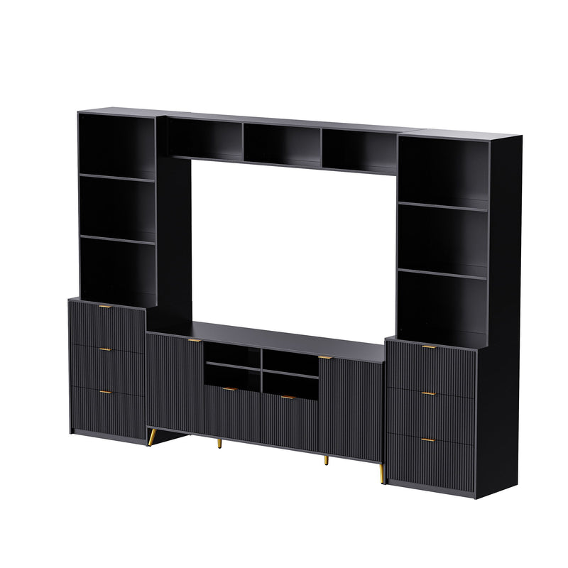 4 Piece Entertainment Wall Unit With 13 Shelves, 8 Drawers And 2 Cabinets, Multifunctional TV Stand Media Storage Cabinet With Fluted Line Surface For Living Room, For TVs Up To 70"