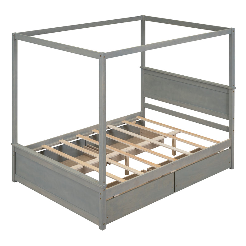 Wood Canopy Bed with four Drawers ,Full Size Canopy Platform Bed With Support Slats .No Box Spring Needed, Brushed Gray