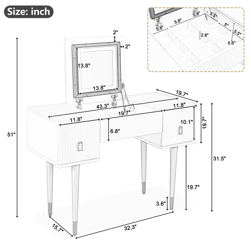 Modern Vanity Table Set With Flip-Top Mirror And Led Light, Dressing Table With Customizable Storage - White / Black