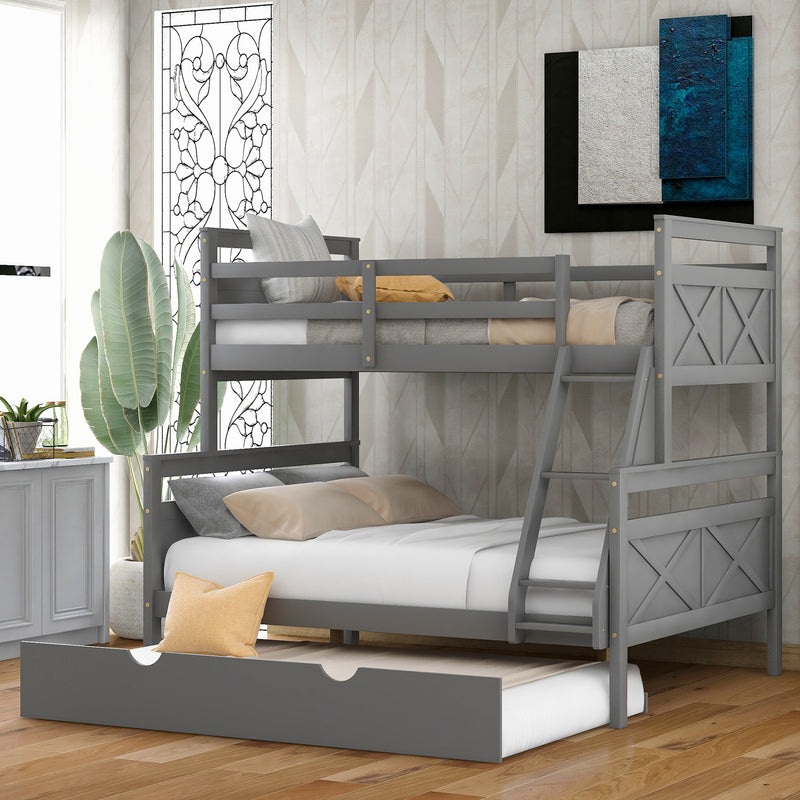 Twin over Full Bunk Bed with Ladder, Twin Size Trundle, Safety Guardrail, Gray(Old SKU:SM000208AAE-1)