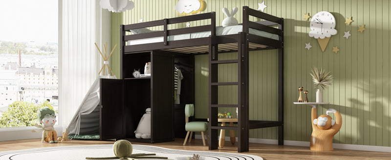 Twin Loft Bed with Wardrobe, Storage Shelves and Ladder, Espresso