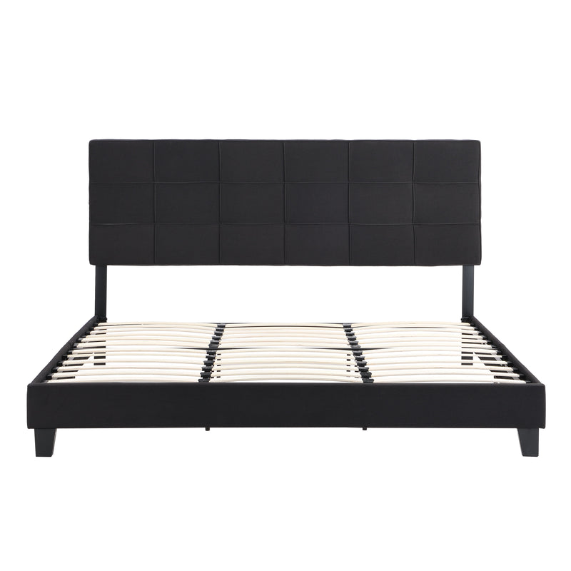 King Size Upholstered Platform Bed Frame With Button Tufted Linen Fabric Headboard, No Box Spring Needed, Wood Slat Support