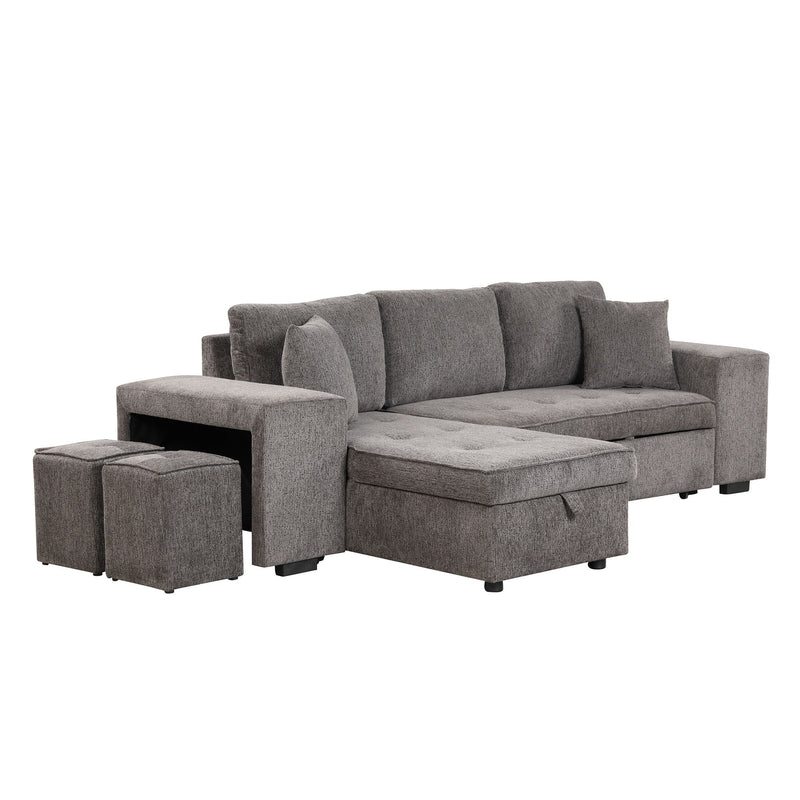 Modern L-Shape 3 Seat Reversible Sectional Couch, Pull Out Sleeper Sofa With Storage Chaise And 2 Stools For Living Room Furniture Set