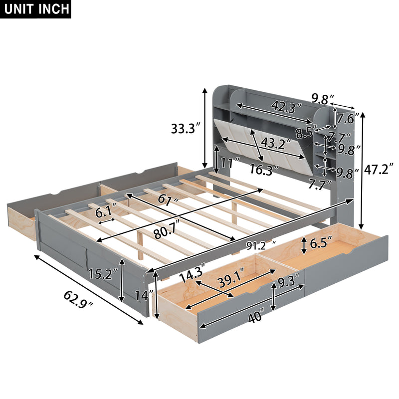 Wood Queen Size Platform Bed with Storage Headboard, Shelves and 4 Drawers, Gray