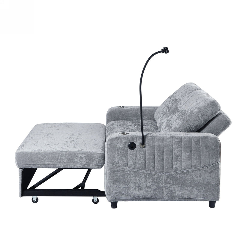 Modern Loveseat Pull Out Sofa Bed With Adjustable Backrest, Two Cup Holders, A Phone Holder, Three Charging Ports And Side Storage Pockets For Living Room