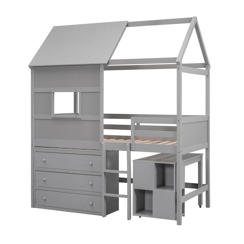 Twin Size House Loft Bed with Storage Desk and 3 Drawer Chest, Gray