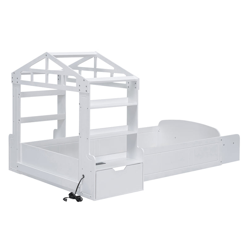 Twin Size House Bed with Bench, Socket and Shelves, White