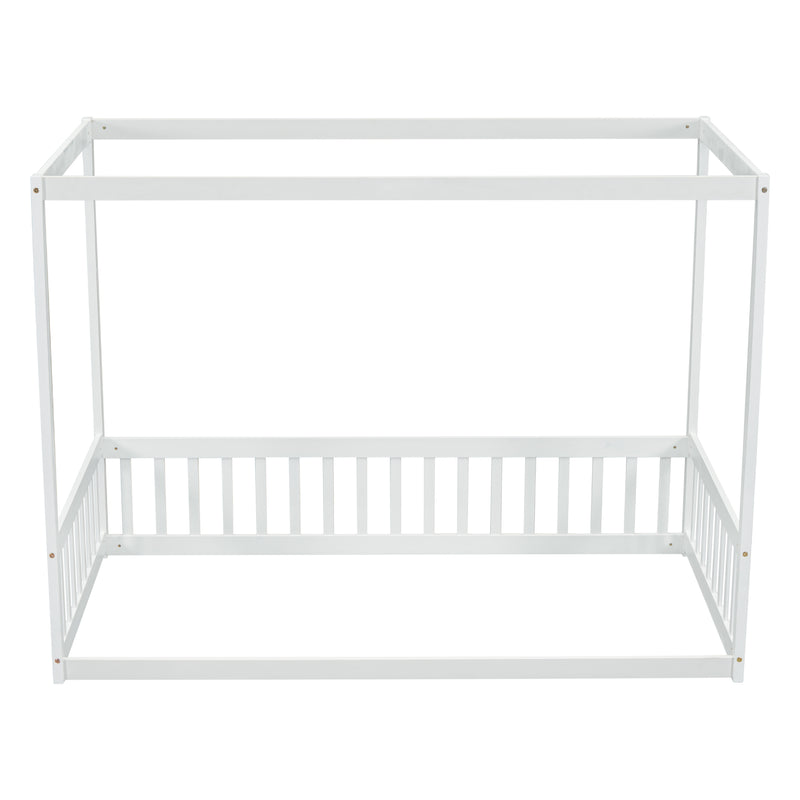 Twin Size Canopy Frame Floor Bed with Fence, Guardrails,White