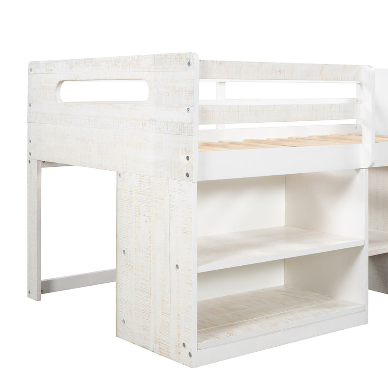 Twin size Loft Bed with Two Shelves and Two drawers (Antique White)