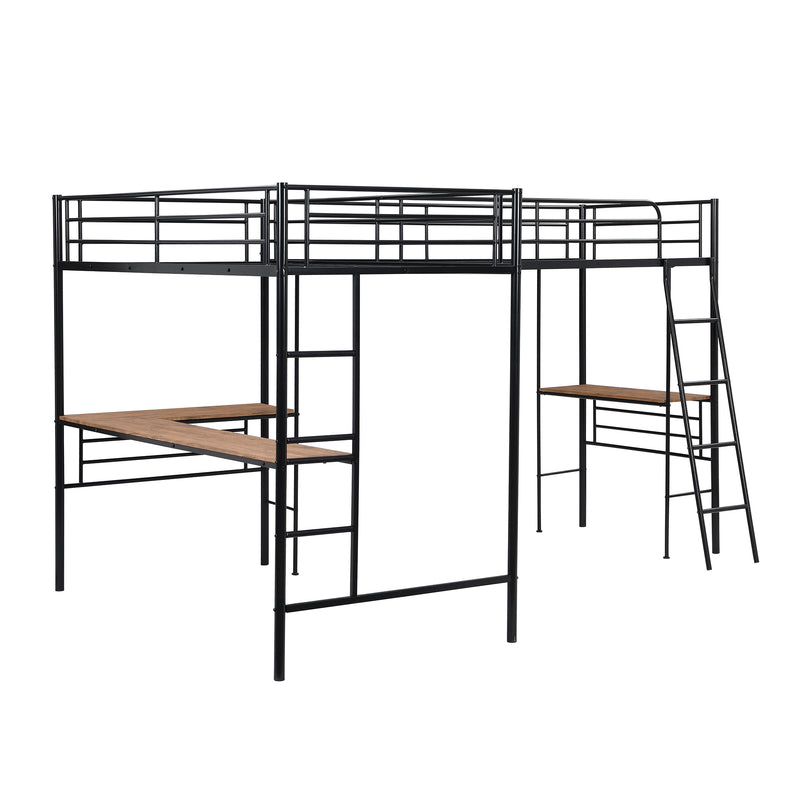 Twin Size Metal Loft Bed with Two Built-in Desks,Black