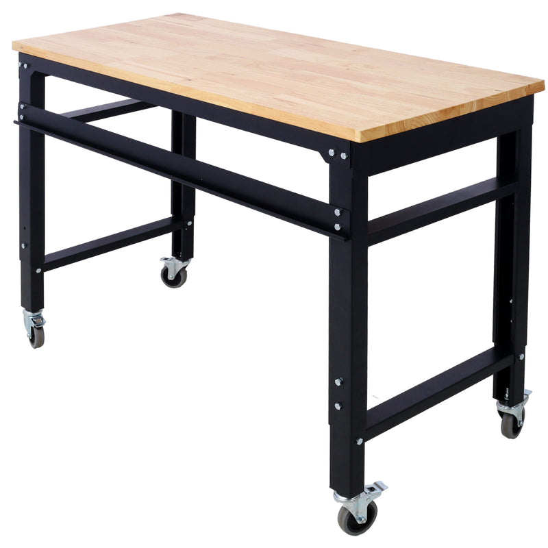 Wide Rolling Workbench For Garage, Adjustable Height, Workshop Tool Bench, Metal With Rubber Wood Top