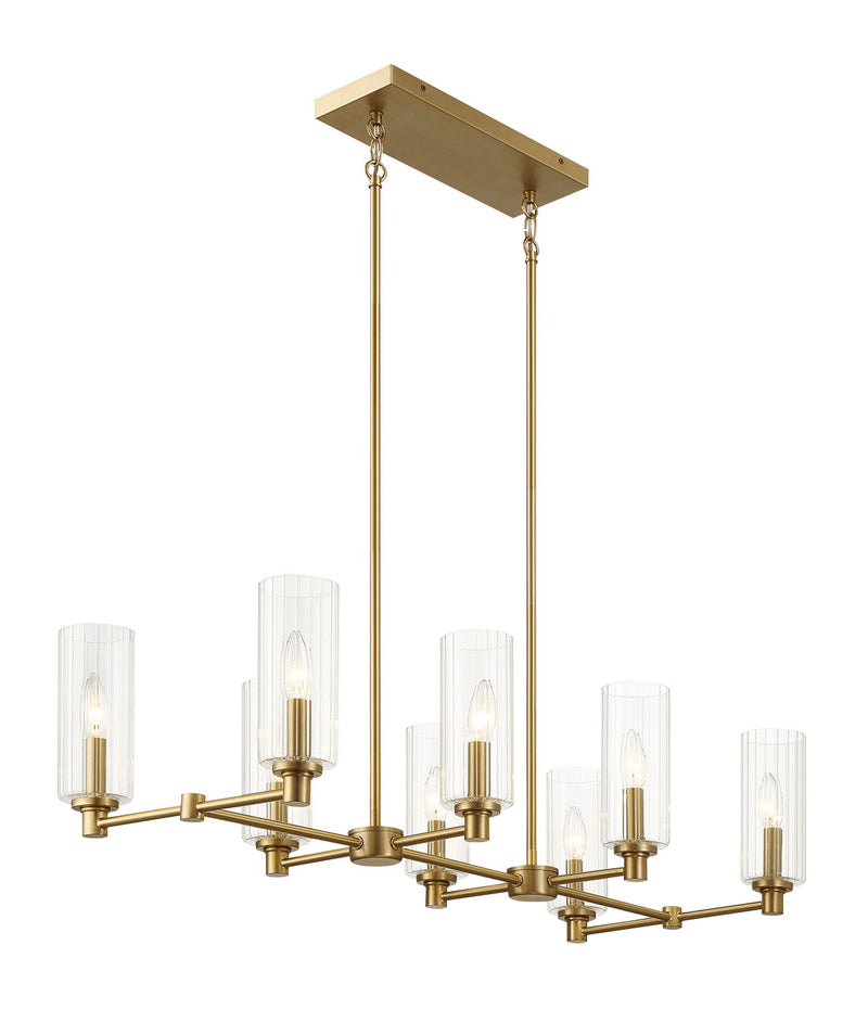 Willow - 8 Lights Island With Clear Ribbed Pendant Lamp Satin - Antique Brass / Clear / Gold