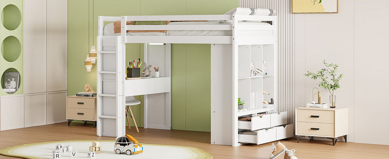 Twin Size Loft Bed with large shelves, writing desk and LED Light, White