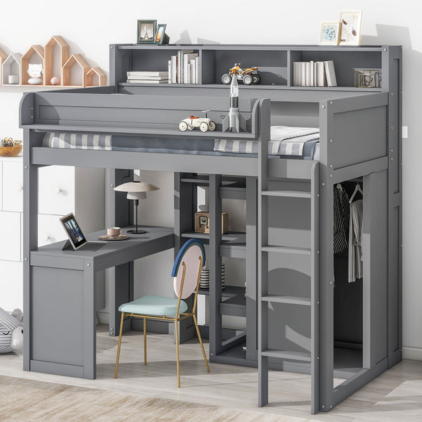 Wood Twin Size Loft bed with Multiple Storage Shelves and Wardrobe, Gray