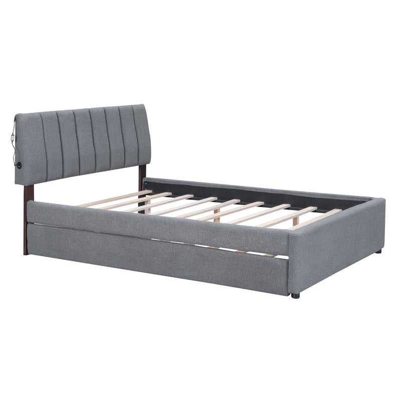 Teddy Fleece Full Size Upholstered Platform Bed with Trundle, Gray