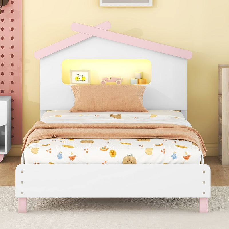 Twin Size Wood Platform Bed with House-shaped Headboard and Motion Activated Night Lights (White+Pink)