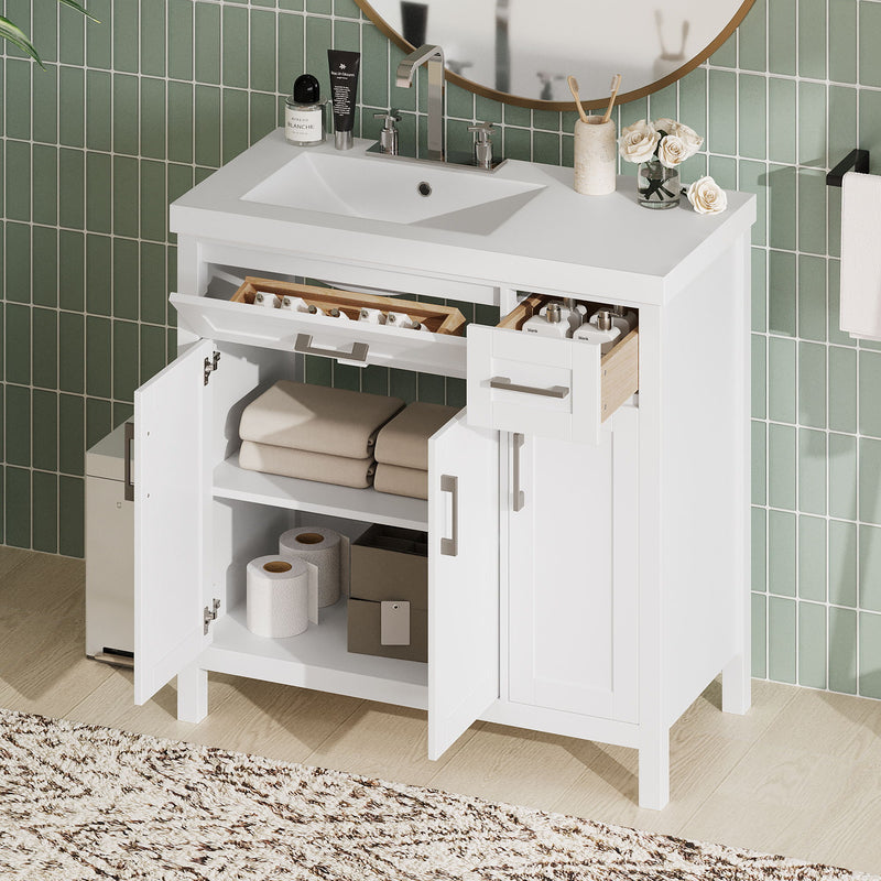 Bathroom Vanity Cabinet With Resin Integrated Sink - 2 Drawers, 3 Doors