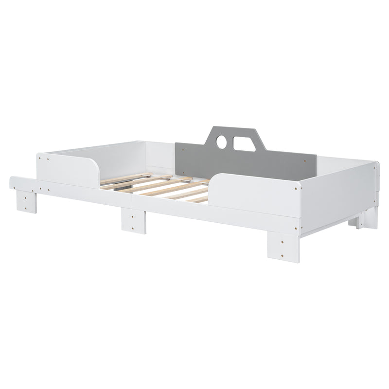 Car-Shaped Twin Wood Bed with Bench,White