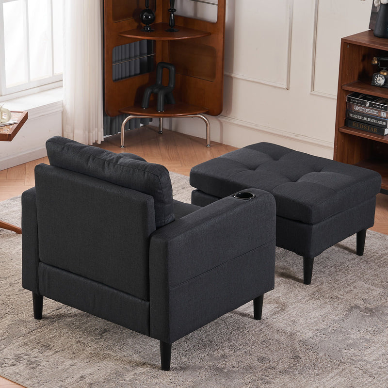 Upholstered Armchair And Storage Ottoman Set, Comfortable Single Sofa With Cup Holders And Tufted Detailing, Ideal For Living Room Or Bedroom