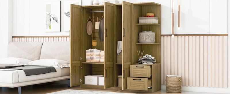 3 Door Storage Wardrobe For Dedroom With Shelves And 2 Drawers, Side Storage Shelves