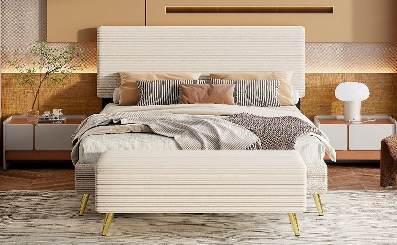 2 Piece Bedroom Sets Upholstered Bed Frame, Modern Corduroy Storage Ottoman