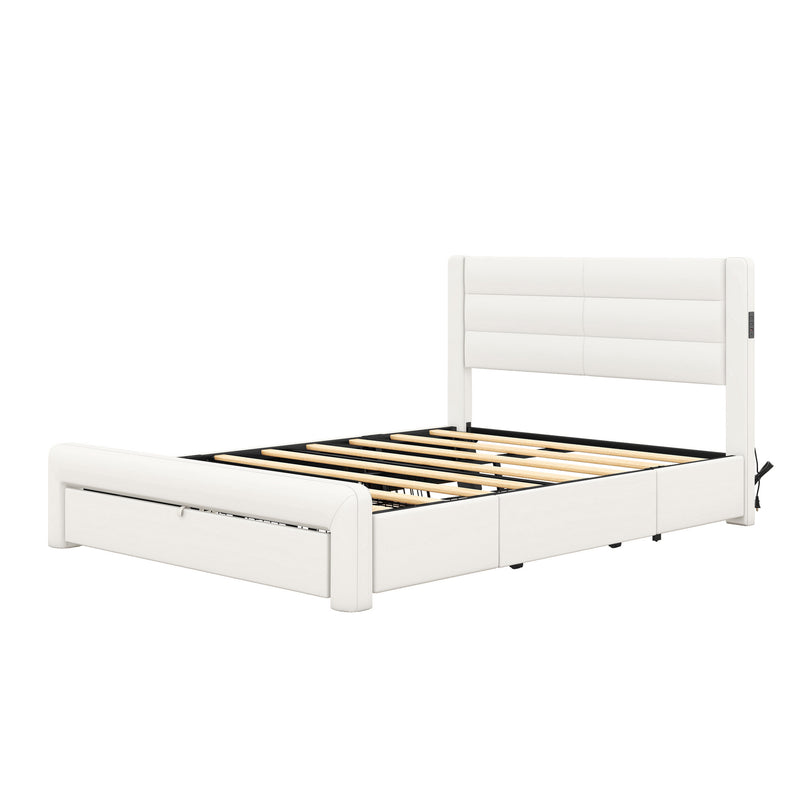 Queen Size Bed Frame with Drawers Storage, Leather Upholstered Platform Bed with Charging Station, White (Expect arrive date Jan. 12th. 2024)