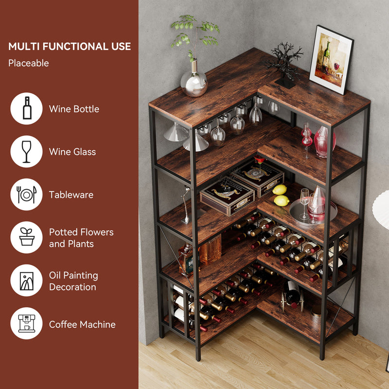 Corner Wine Rack Bar Cabinet Industrial Freestanding Floor Bar Cabinets For Liquor And Glasses Storage For Home Kitchen - Walnut / Black