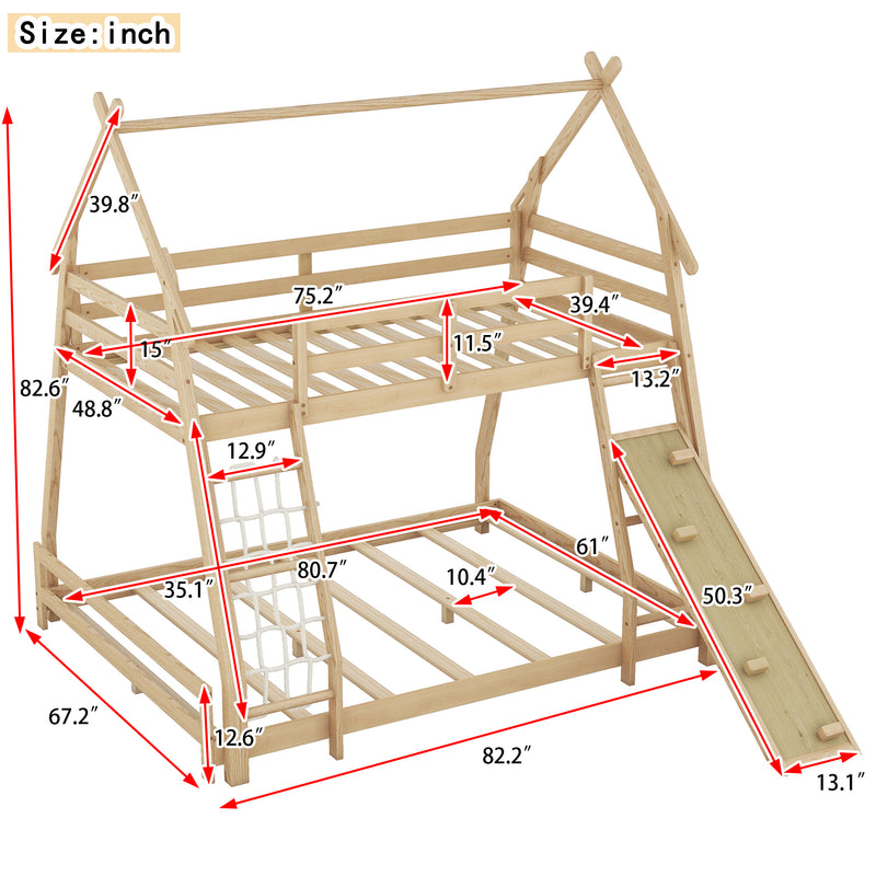 Twin over Queen House Bunk Bed with Climbing Nets and Climbing Ramp, Natural