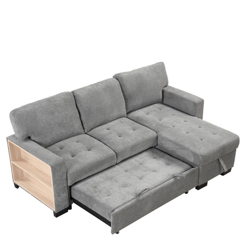 Stylish And Functional Light Chaise Lounge Sectional With Storage Rack Pull-Out Bed Drop Down Table And USB Charger