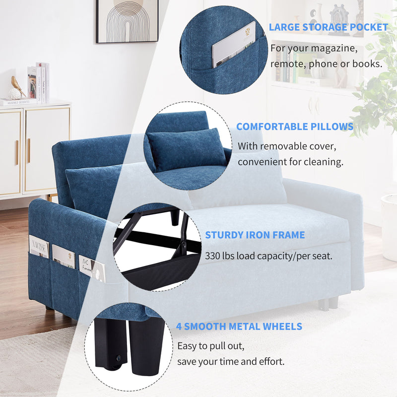 Pull Out Sleep Sofa Bed Loveseats Sofa Couch With Adjsutable Backrest, Storage Pockets, 2 Soft Pillows, USB Ports For Living Room, Bedroom, Apartment, Office