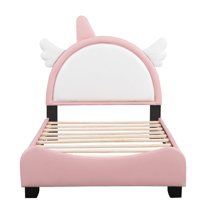 Cute Twin size Upholstered Bed With Unicorn Shape Headboard,Twin Size Platform Bed with Headboard and Footboard,White+Pink